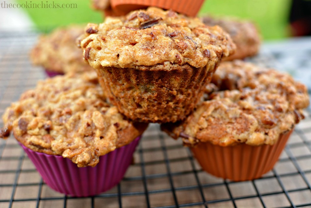 banana muffins with pecans throughout and a crunchy streusel topping