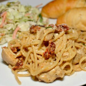 tender pasta with diced chicken in a cajun sauce
