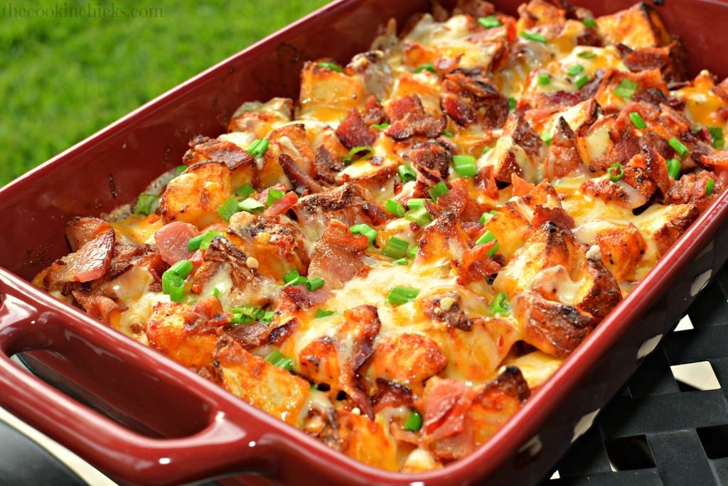 Loaded Chicken and Potato Casserole baked in a pan