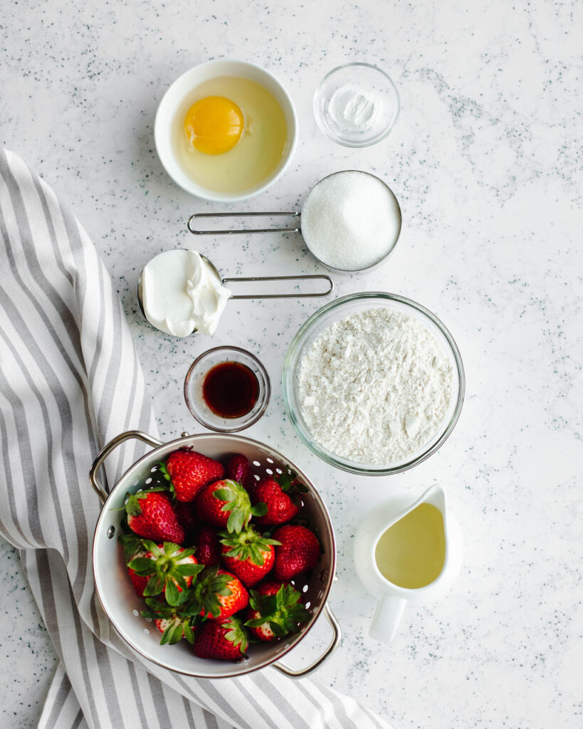 all the ingredients needed to make Strawberry Mini Muffins.
