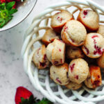 a white serving bowl with a bite sized breakfast treat ready to serve.