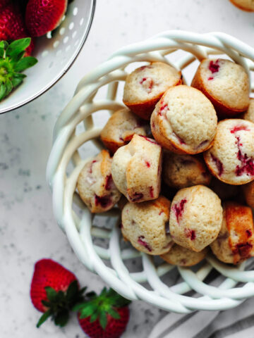 a white serving bowl with a bite sized breakfast treat ready to serve.