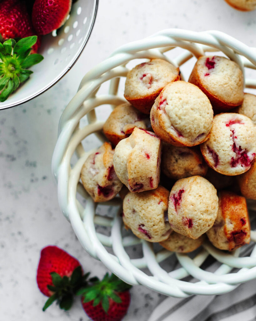 a white serving bowl with a bite sized breakfast treat ready to serve.