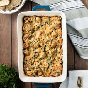 an assembled casserole freshly baked in the oven.
