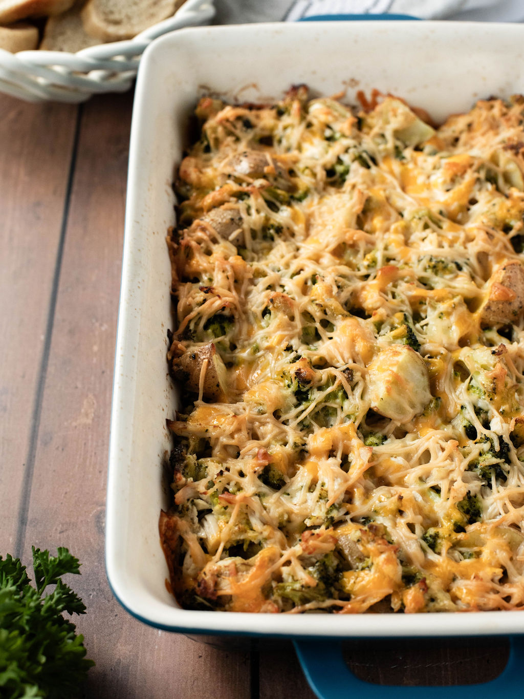 a chicken, broccoli, potato casserole with cheese melted on top.