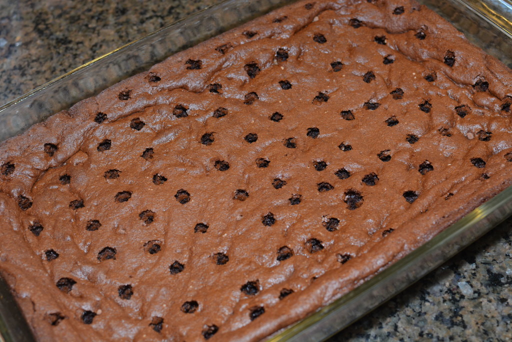 chocolate cake with holes poked in to pour the marshmallow mixture to create a s'mores variation