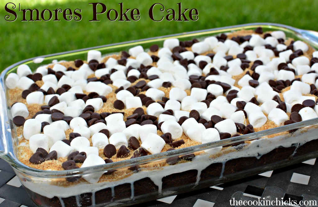 chocolate cake with marshmallows, graham cracker crumbs, and chocolate chips combined to create a s'mores poke cake