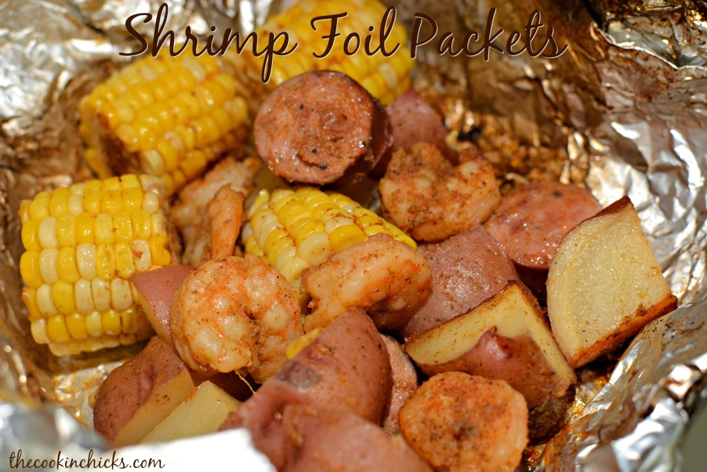 tender shrimp, potatoes, corn, and sausage combined into a foil packet