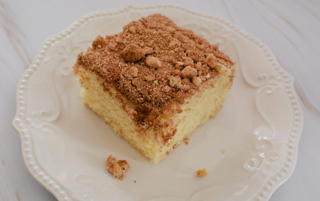 a cinnamon streusel topped cake served anytime of the day