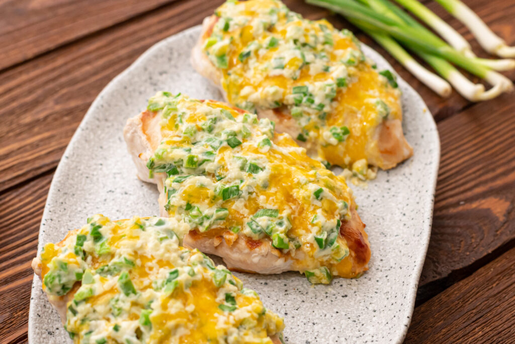 grilled chicken smothered with a cheesy jalapeno mixture to resemble a jalapeno popper