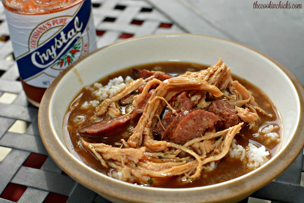 Chicken & Sausage Gumbo with hot sauce