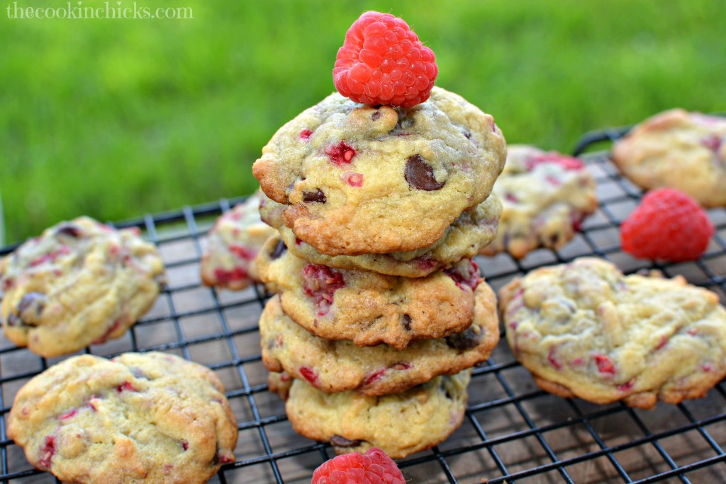decadent chocolate chip cookies with raspberry bits throughout