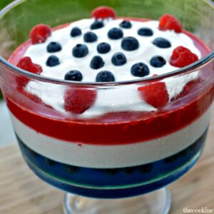 red white and blue jello trifle in a glass bowl.