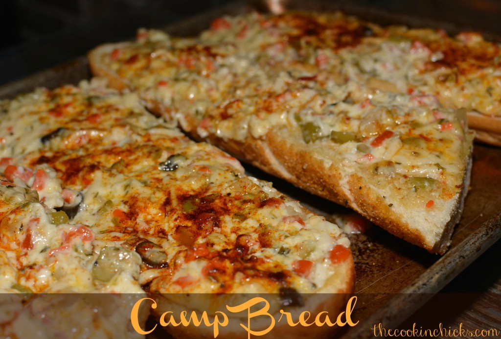 french bread smother in mayonnaise and Italian olive salad, then baked to perfection to create this camp bread