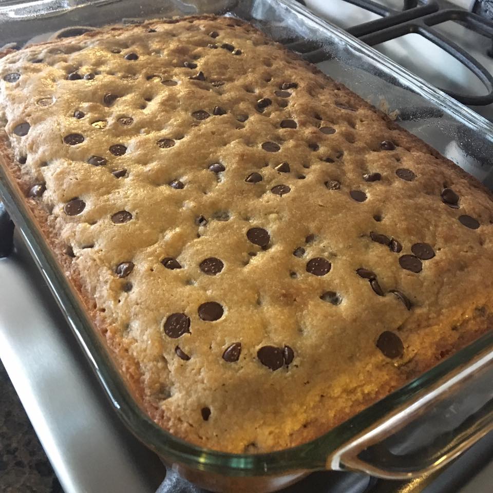 a pan of chocolate banana brownies fresh from the oven