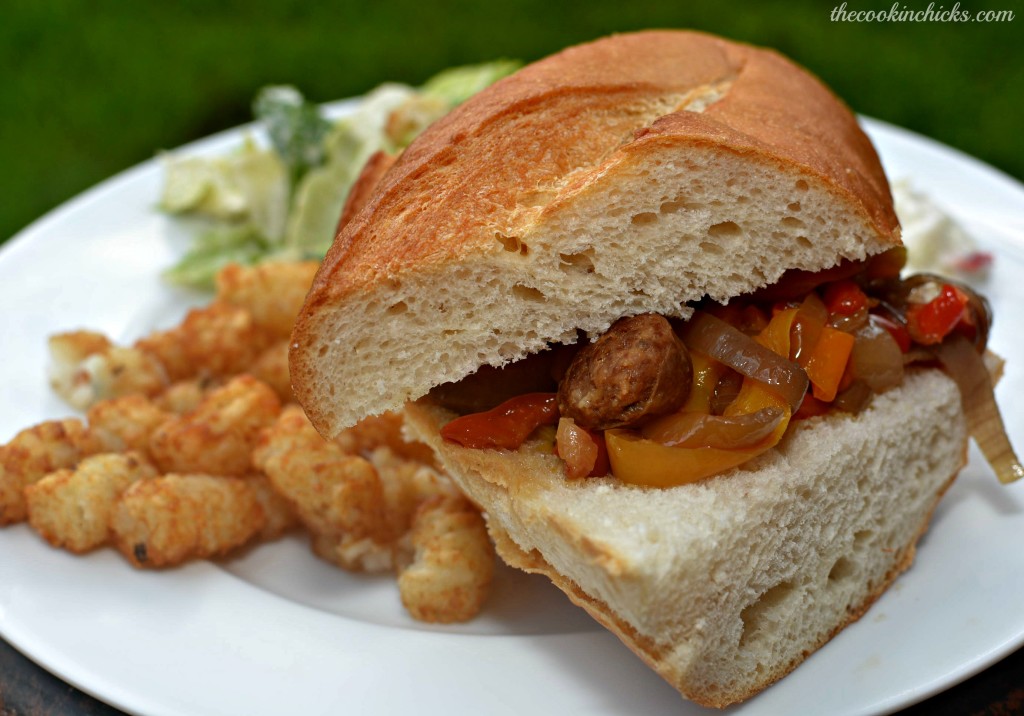 slow cooked Italian sausage with peppers and onions served on bread and enjoyed as a sandwich