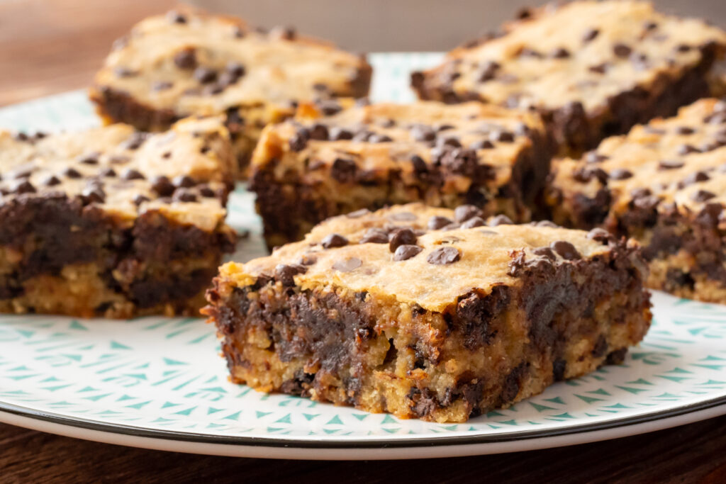 slices of banana brownies with chocolate chips throughout