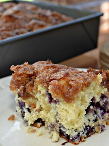 moist, flavorful cake with blueberries throughout and a cinnamon crumb topping