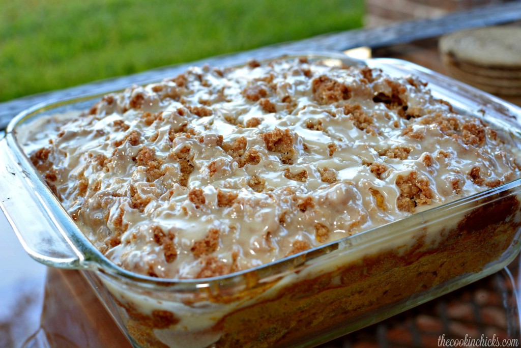 Glazed streusel over a moist, flavorful cake 