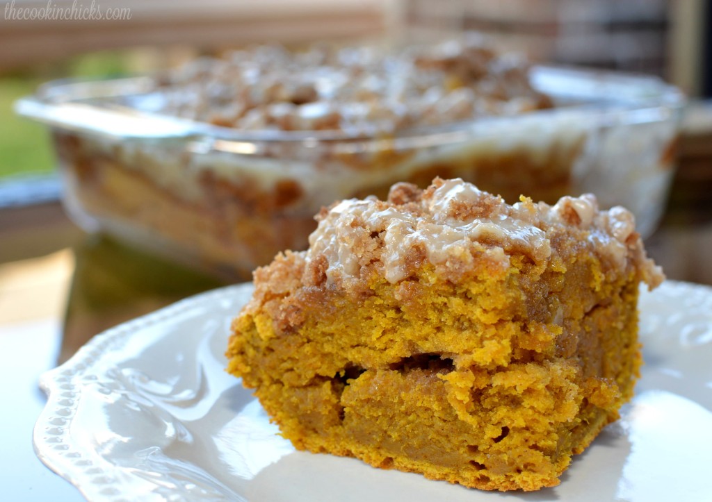 Perfectly spiced pumpkin cake with a glazed, cinnamon streusel topping