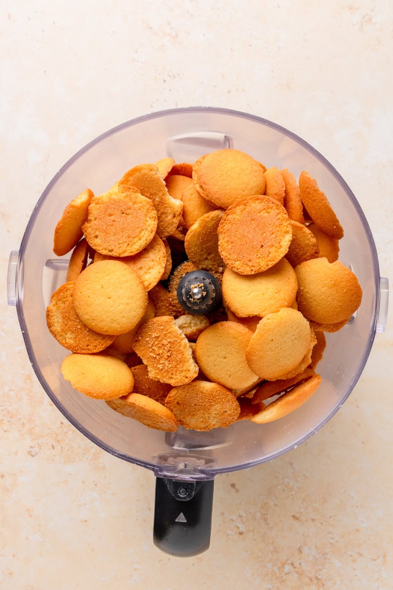 vanilla wafers in a food processor to be crushed.