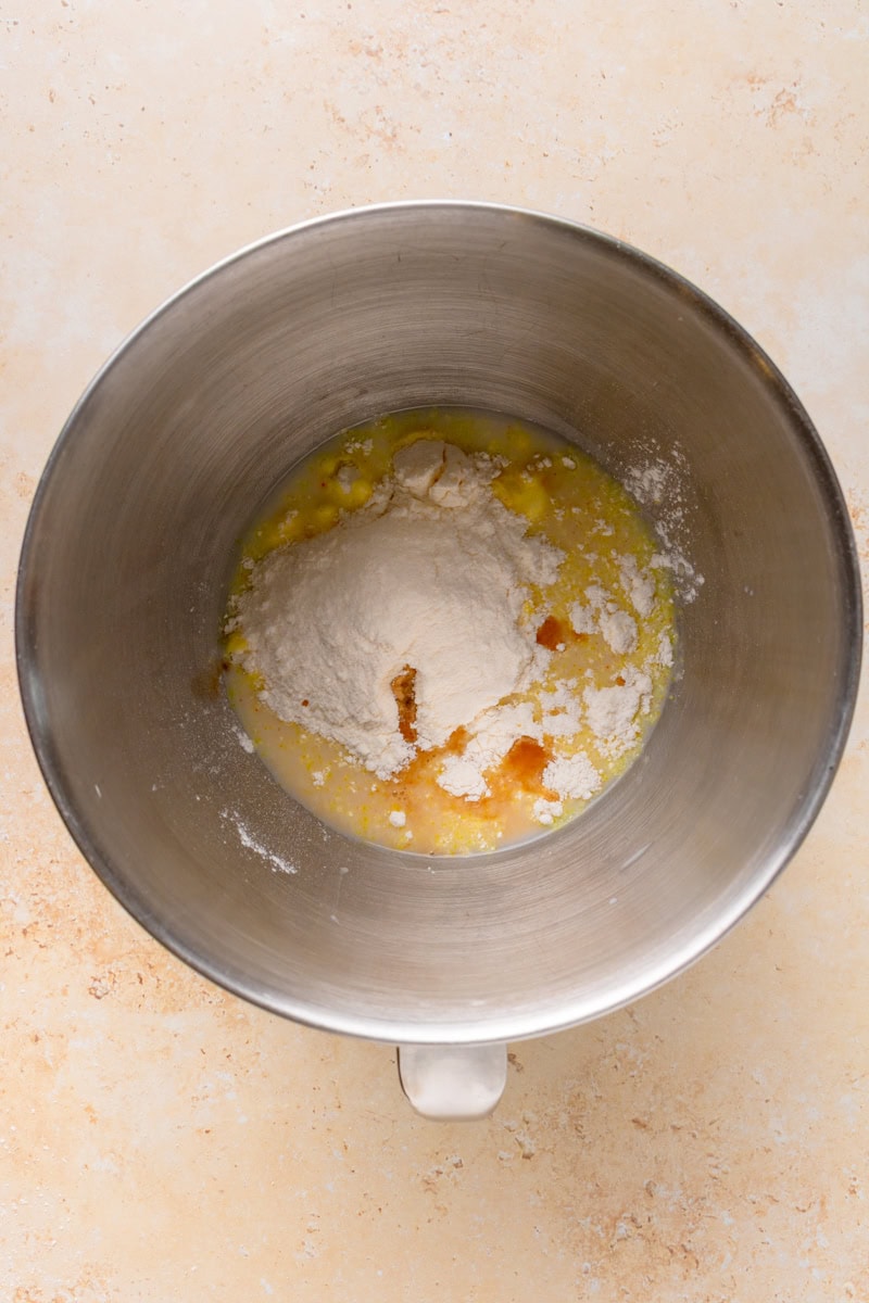 dry ingredients combined in a mixing bowl to make pudding.