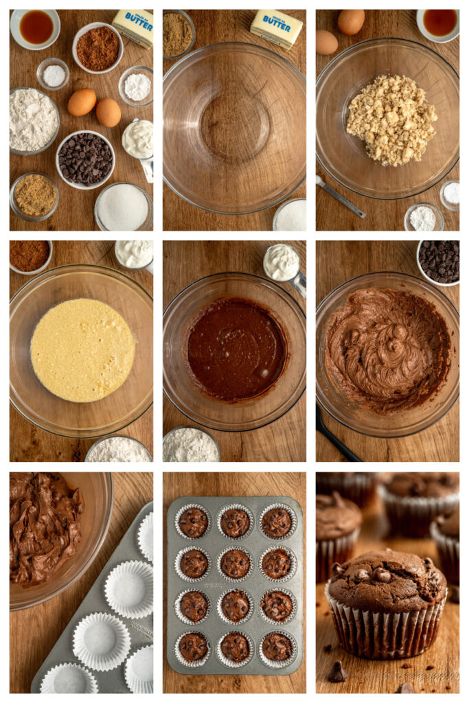 step by step on how to make double chocolate muffins.
