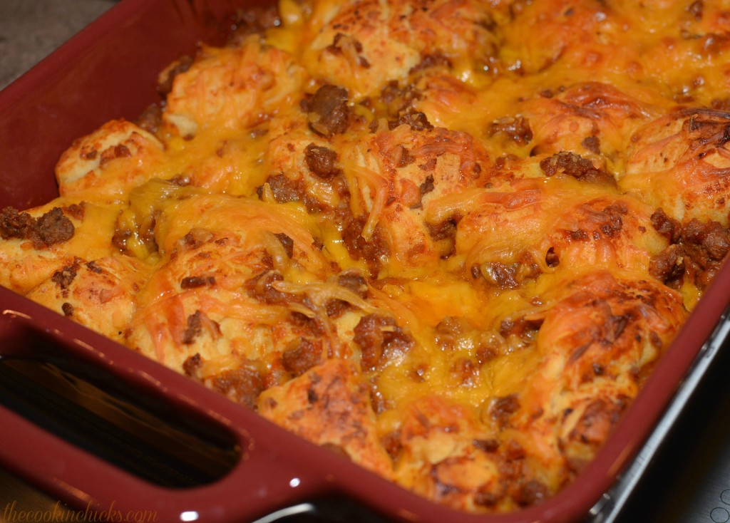 biscuits and beef mixture combined into sloppy joe casserole