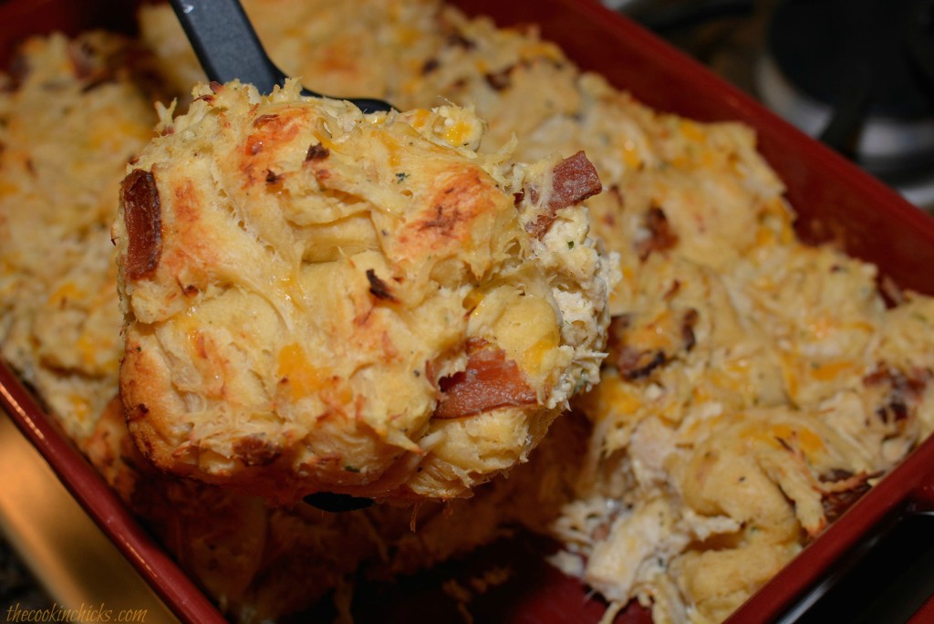 chicken, bacon, cheese, and biscuits combined into a flavorful casserole bake