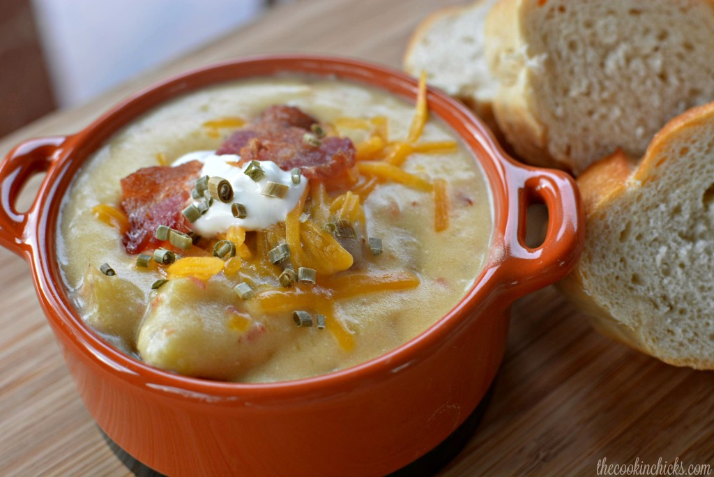 tender potatoes, bacon, cheese, and sour cream combined into a hearty soup