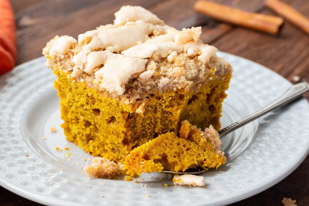 flavorful, moist pumpkin cake with a glazed topping