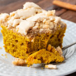 Cinnamon streusel topping over a moist, flavorful pumpkin cake