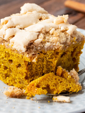 Cinnamon streusel topping over a moist, flavorful pumpkin cake