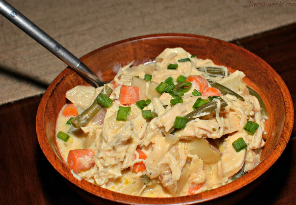 shredded chicken, tender vegetables, and potatoes combined into a hearty chicken stew