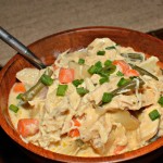 tender, shredded chicken, potatoes, and vegetables combined into a flavorful stew