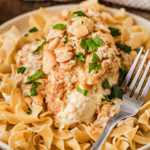 a cooked and ready to eat bowl of ritz crockpot chicken.