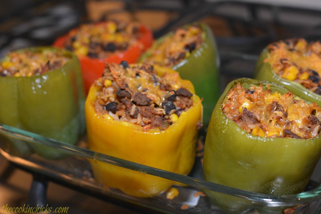 beef taco mixture, corn, beans, and cheese stuffed into tender bell peppers