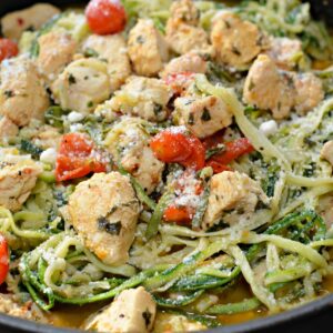 lemon garlic zoodles in a black skillet.