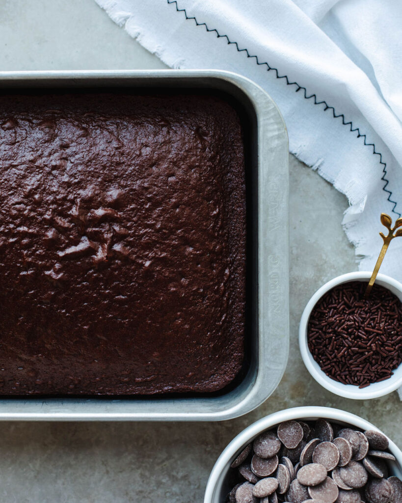 a baked chocolate cake in a baking pan.