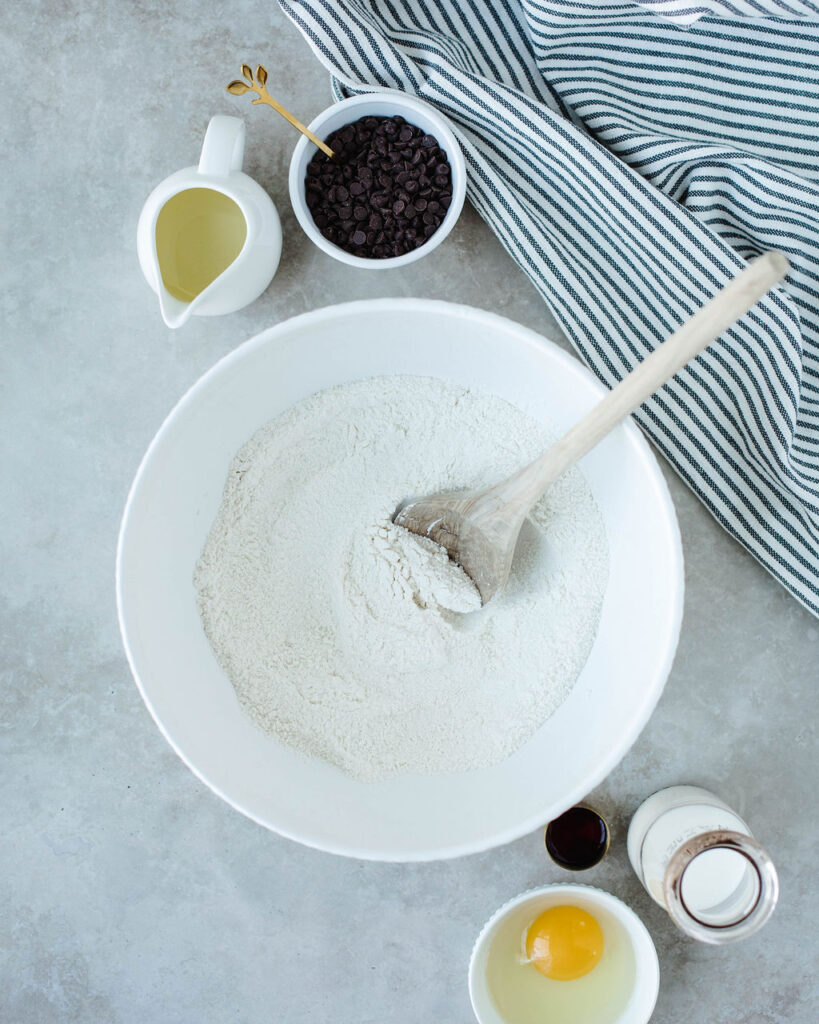 dry ingredients in a white mixing bowl.