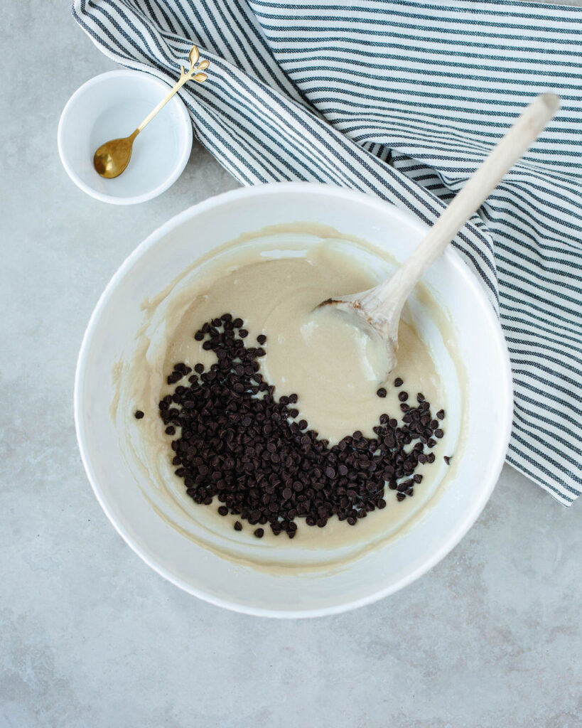 chocolate chips being folded into batter.