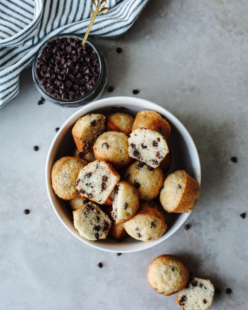 baked mini treats in a white bowl ready to serve.