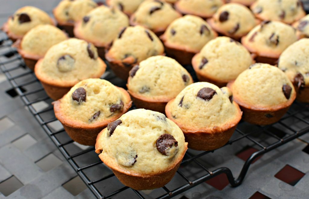 mini chocolate chip muffins that are packed with chocolate chips throughout