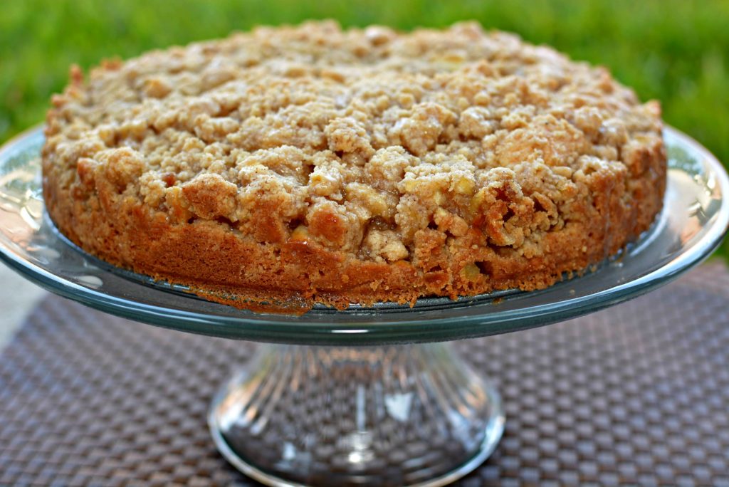 moist, flavorful cake with a cinnamon crumb topping and apple bits throughout