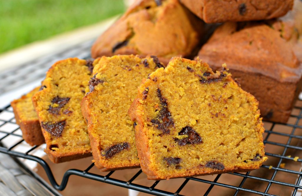 moist pumpkin bread with chocolate chips throughout