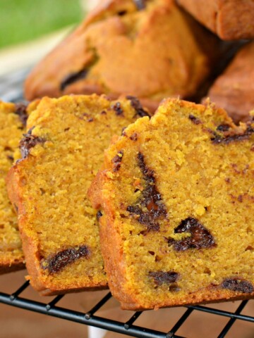 moist pumpkin bread with chocolate chips throughout