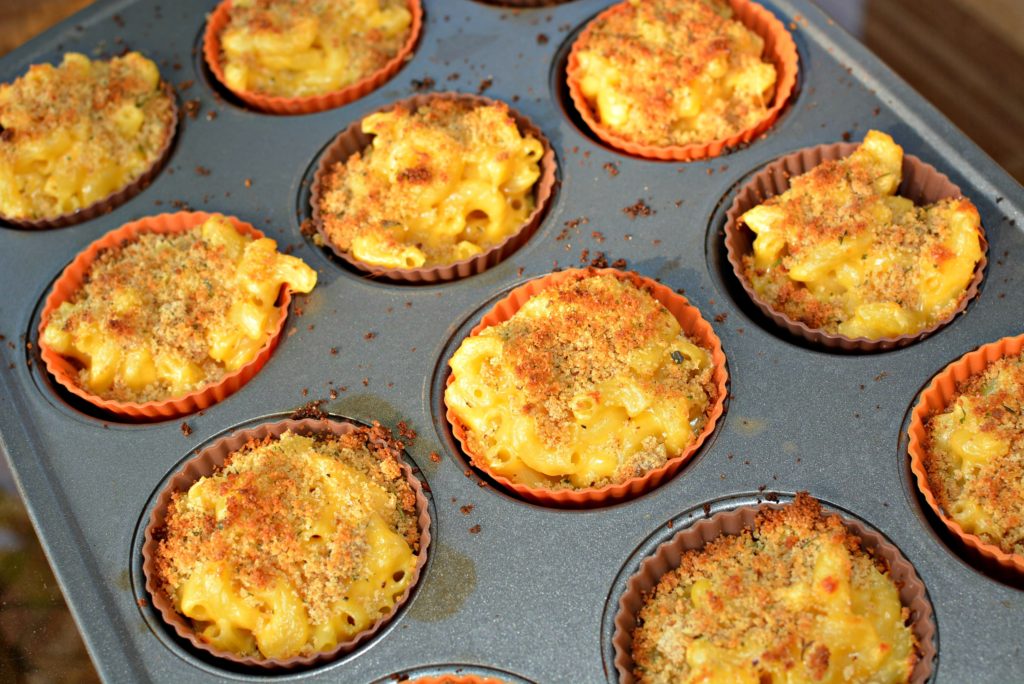 tender pasta with a cheese sauce placed into muffin cups for an appetizer or meal