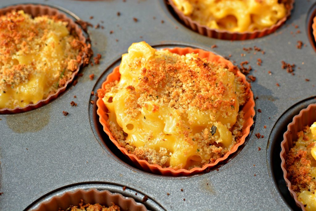 pasta coated in a cheese sauce and placed into muffin cups