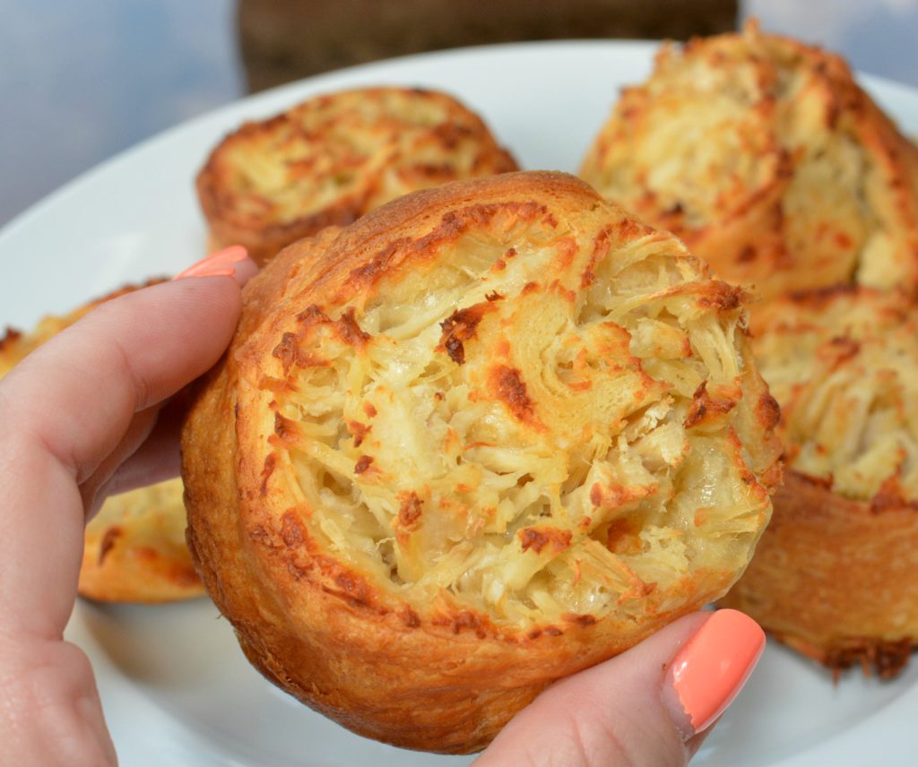 shredded chicken and seasoning rolled into crescent rolls