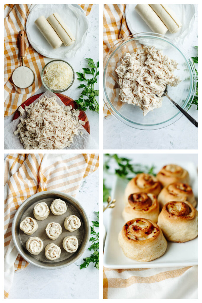 step by step on how to make cheesy chicken ranch pinwheels.
